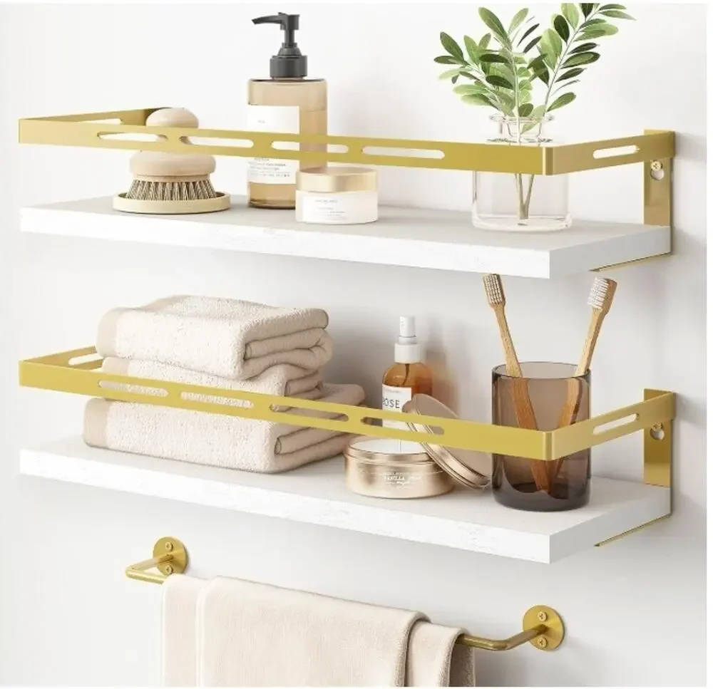 YGEOMER Floating Shelves White Gold Bathroom Wall Shelf w/ Towel Bar